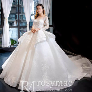 Vintage Ball Gown Lace Ruffle Wedding Dress with Sheer Long Sleeves