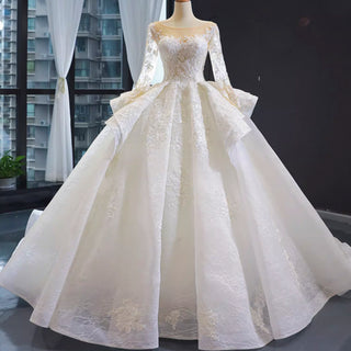 Vintage Ball Gown Lace Ruffle Wedding Dress with Sheer Long Sleeves