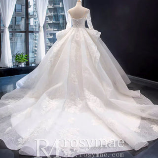 Vintage Ball Gown Lace Ruffle Wedding Dress with Sheer Long Sleeves