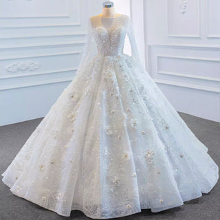 Sparkly 3D Flower Princess Wedding Dress with Long Sheer Sleeves