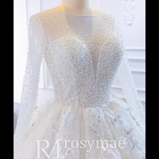 Sparkly 3D Flower Princess Wedding Dress with Long Sheer Sleeves