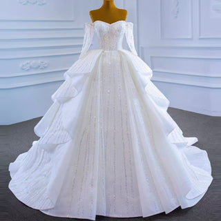 Beaded Ball Gown Long Sleeve Wedding Dress with Off the Shoulder