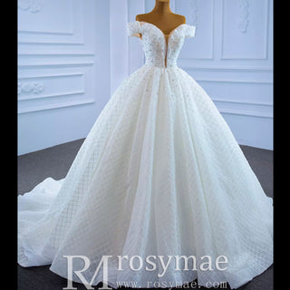 Ball Gown Off the Shoulder Wedding Gown Beaded Pearl Wedding Dress