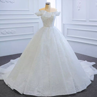 Sparkly Off the Shoulder Ball Gown Wedding Dress with Long Train