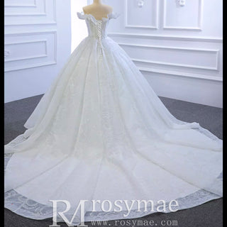 Sparkly Off the Shoulder Ball Gown Wedding Dress with Long Train