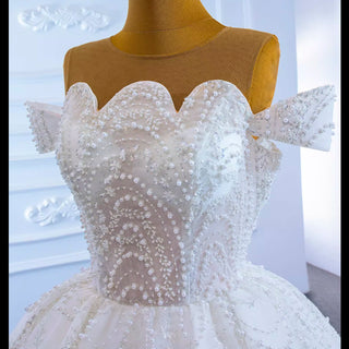 Off the Shoulder Sparkly Pearl Beaded Wedding Dress with High Back