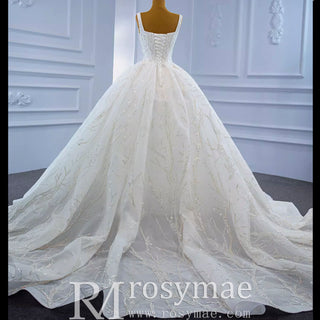 Luxury Beaded Ball Gown Queen-ann Wedding Dress with Wide Strap