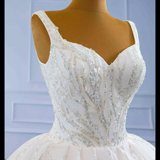 Luxury Beaded Ball Gown Queen-ann Wedding Dress with Wide Strap