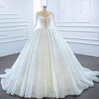 Long Sleeve Lace Puffy Wedding Dress Vintage Ball Gown