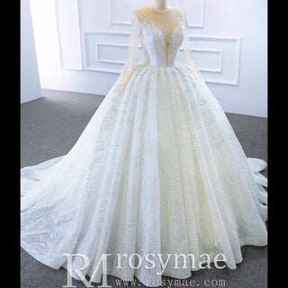 Long Sleeve Lace Puffy Wedding Dress Vintage Ball Gown