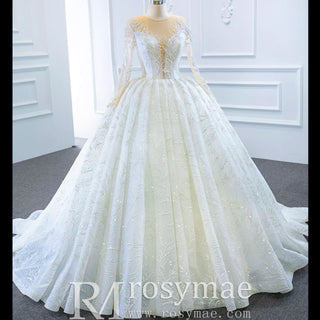 Long Sleeve Lace Puffy Wedding Dress Vintage Ball Gown