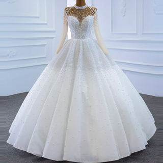 Beaded Pearls Long Sleeve Wedding Dress Luxury O-neck Bridal Gown