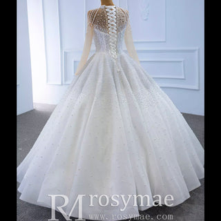 Beaded Pearls Long Sleeve Wedding Dress Luxury O-neck Bridal Gown