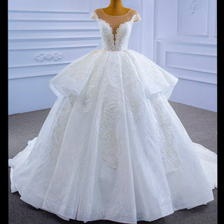 Modest Lace Ruffle Ball Gown Wedding Dress with Cap Sleeve