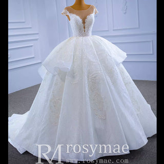 Modest Lace Ruffle Ball Gown Wedding Dress with Cap Sleeve