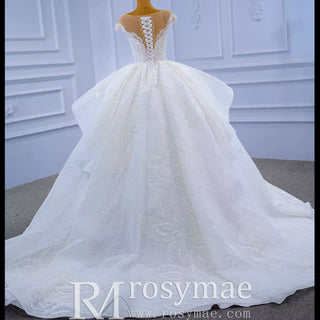 Modest Lace Ruffle Ball Gown Wedding Dress with Cap Sleeve