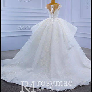 Modest Lace Ruffle Ball Gown Wedding Dress with Cap Sleeve