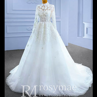 Modest High Neck and Keyhole Wedding Dress with Long Sleeves