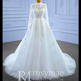 Modest High Neck and Keyhole Wedding Dress with Long Sleeves