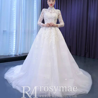 Modest High Neck and Keyhole Wedding Dress with Long Sleeves