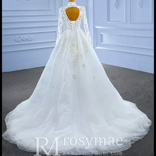 Modest High Neck and Keyhole Wedding Dress with Long Sleeves