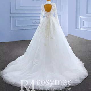 Modest High Neck and Keyhole Wedding Dress with Long Sleeves