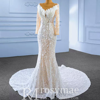 Long Sleeve Exquisite Wedding Gown Floral Lace Mermaid Wedding Dress