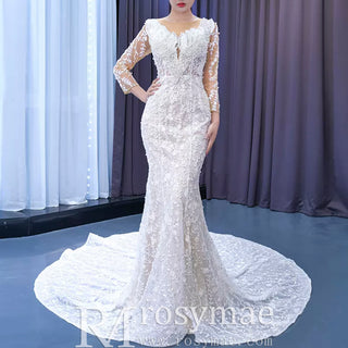 Long Sleeve Exquisite Wedding Gown Floral Lace Mermaid Wedding Dress