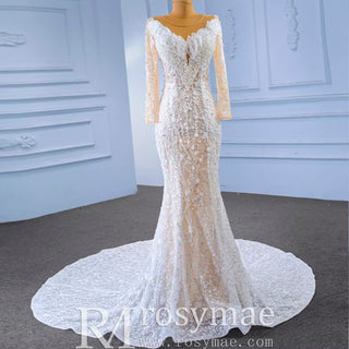 Long Sleeve Exquisite Wedding Gown Floral Lace Mermaid Wedding Dress