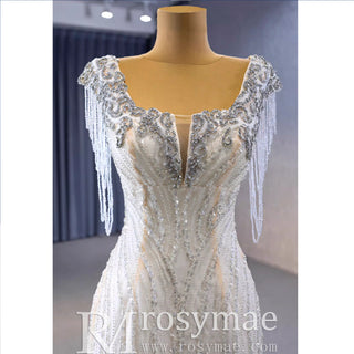Gorgeous White Mermaid Beading Detachable Cascading Ruffles Wedding Dresses