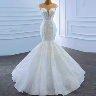 High Sheer Back Beaded Lace Trumpet Wedding Dress with Cap Sleeve