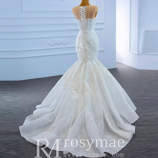 High Sheer Back Beaded Lace Trumpet Wedding Dress with Cap Sleeve