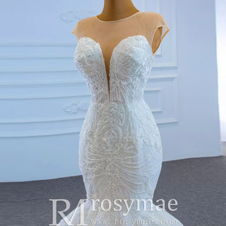 High Sheer Back Beaded Lace Trumpet Wedding Dress with Cap Sleeve