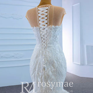 High Sheer Back Beaded Lace Trumpet Wedding Dress with Cap Sleeve