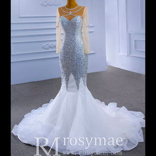 Luxury Rhinestone Mermaid Wedding Dress with Long Sleeves