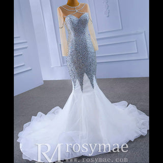 Luxury Rhinestone Mermaid Wedding Dress with Long Sleeves