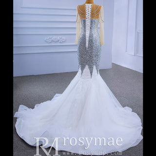 Luxury Rhinestone Mermaid Wedding Dress with Long Sleeves