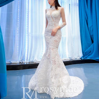 Sexy Sheer High O-neck Lace Mermaid Wedding Dress with Long Sleeves