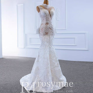 Sexy Sheer High O-neck Lace Mermaid Wedding Dress with Long Sleeves