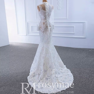 Sexy Sheer High O-neck Lace Mermaid Wedding Dress with Long Sleeves