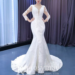 Long Sleeve Trumpet Embroidery Lace Wedding Dress