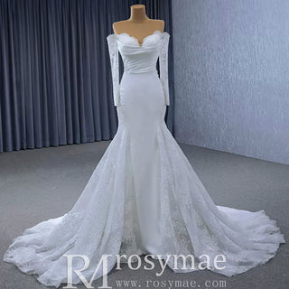 High-end Satin Lace Wedding Dress with Off the Shoulder Long Sleeve