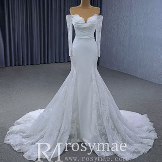 High-end Satin Lace Wedding Dress with Off the Shoulder Long Sleeve