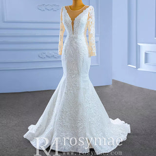 Long Sleeve Trumpet Embroidery Lace Wedding Dress