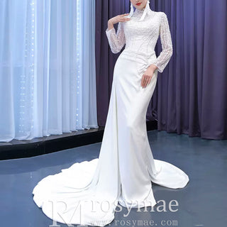 High Neck Sparkly Satin Muslim Wedding Dress Long Sleeve