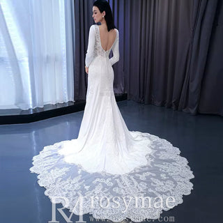 Long Sleeve Lace Appliqued Satin Modern Wedding Dress Open Back