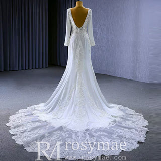 Long Sleeve Lace Appliqued Satin Modern Wedding Dress Open Back