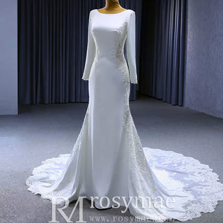 Long Sleeve Lace Appliqued Satin Modern Wedding Dress Open Back