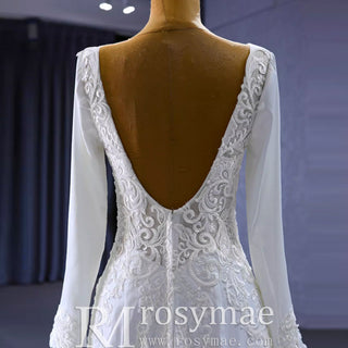 Long Sleeve Lace Appliqued Satin Modern Wedding Dress Open Back