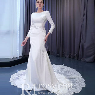 Long Sleeve Lace Appliqued Satin Modern Wedding Dress Open Back